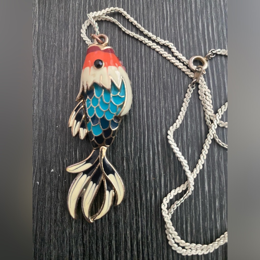 Koi Fish Enamel Pendant Necklace - Cream, Turquoise & Red